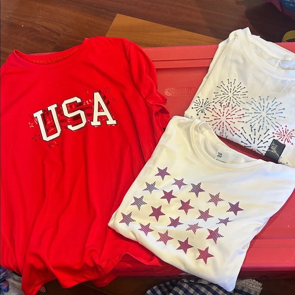 Girls Patriotic swim, hair clips and Tee & Skirt Set - Red White Blue Stars